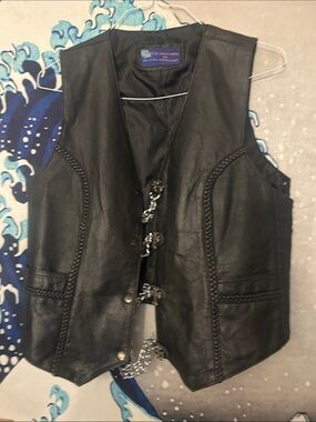 Black Leather Chain-Front Vest with Braided Trim